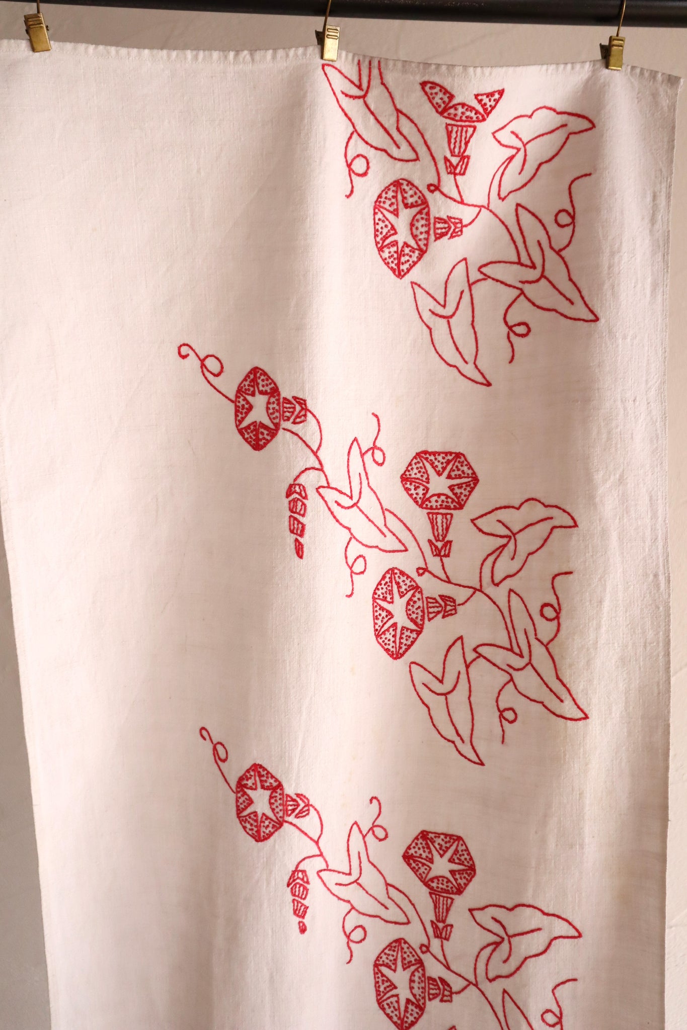 1900s–1910s French Redwork Morning Glory Linen Panel
