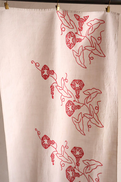 1900s–1910s French Redwork Morning Glory Linen Panel