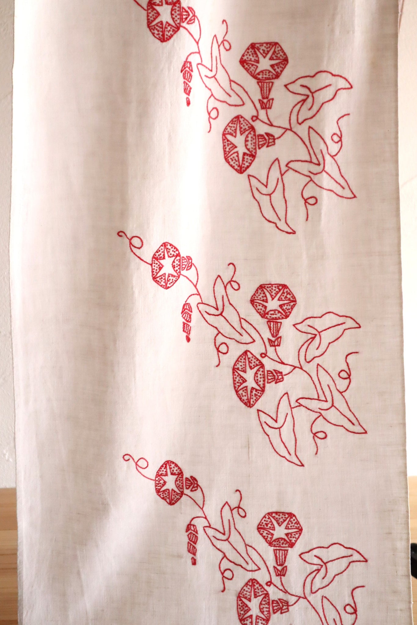 1900s–1910s French Redwork Morning Glory Linen Panel