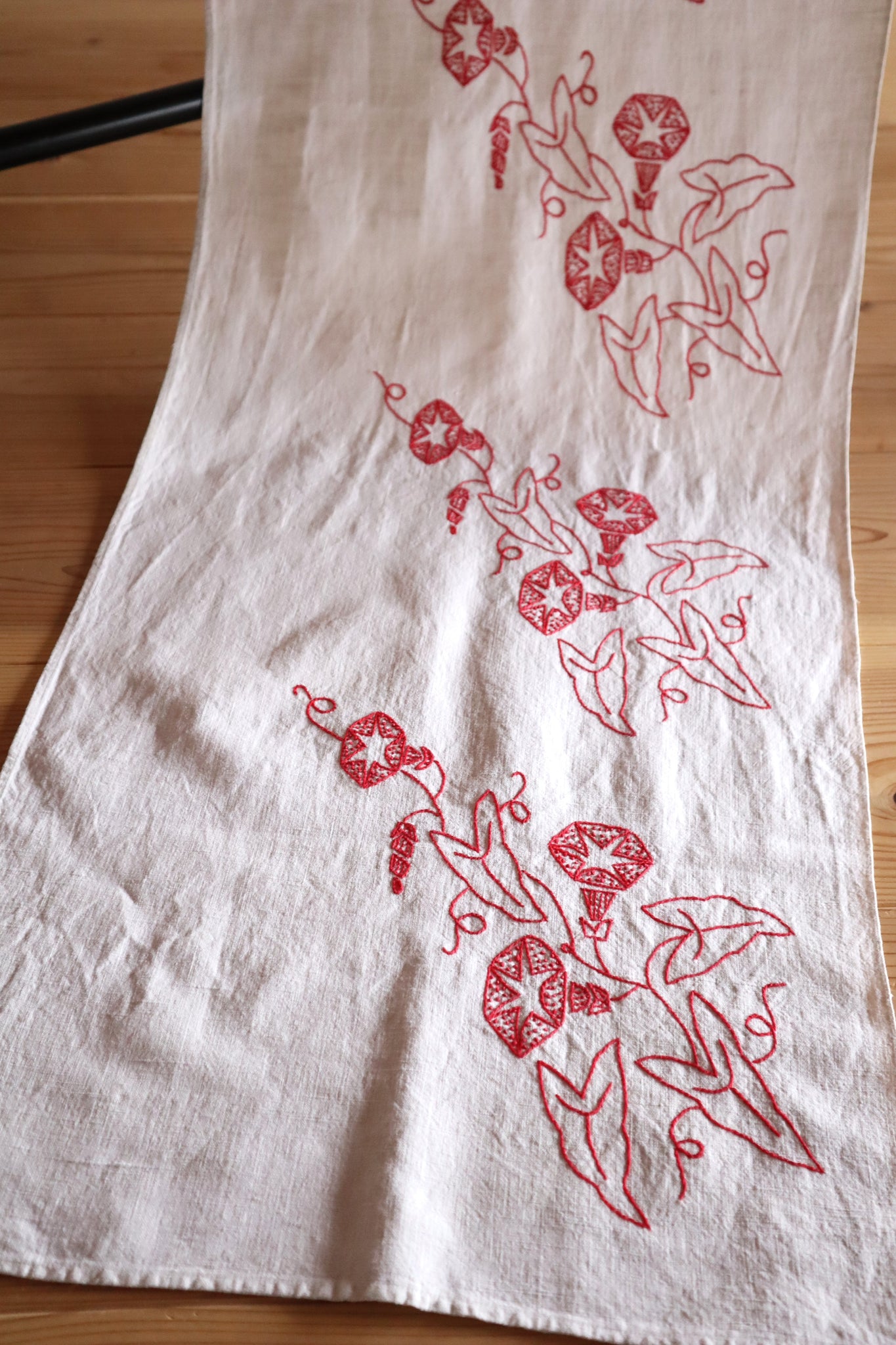 1900s–1910s French Redwork Morning Glory Linen Panel