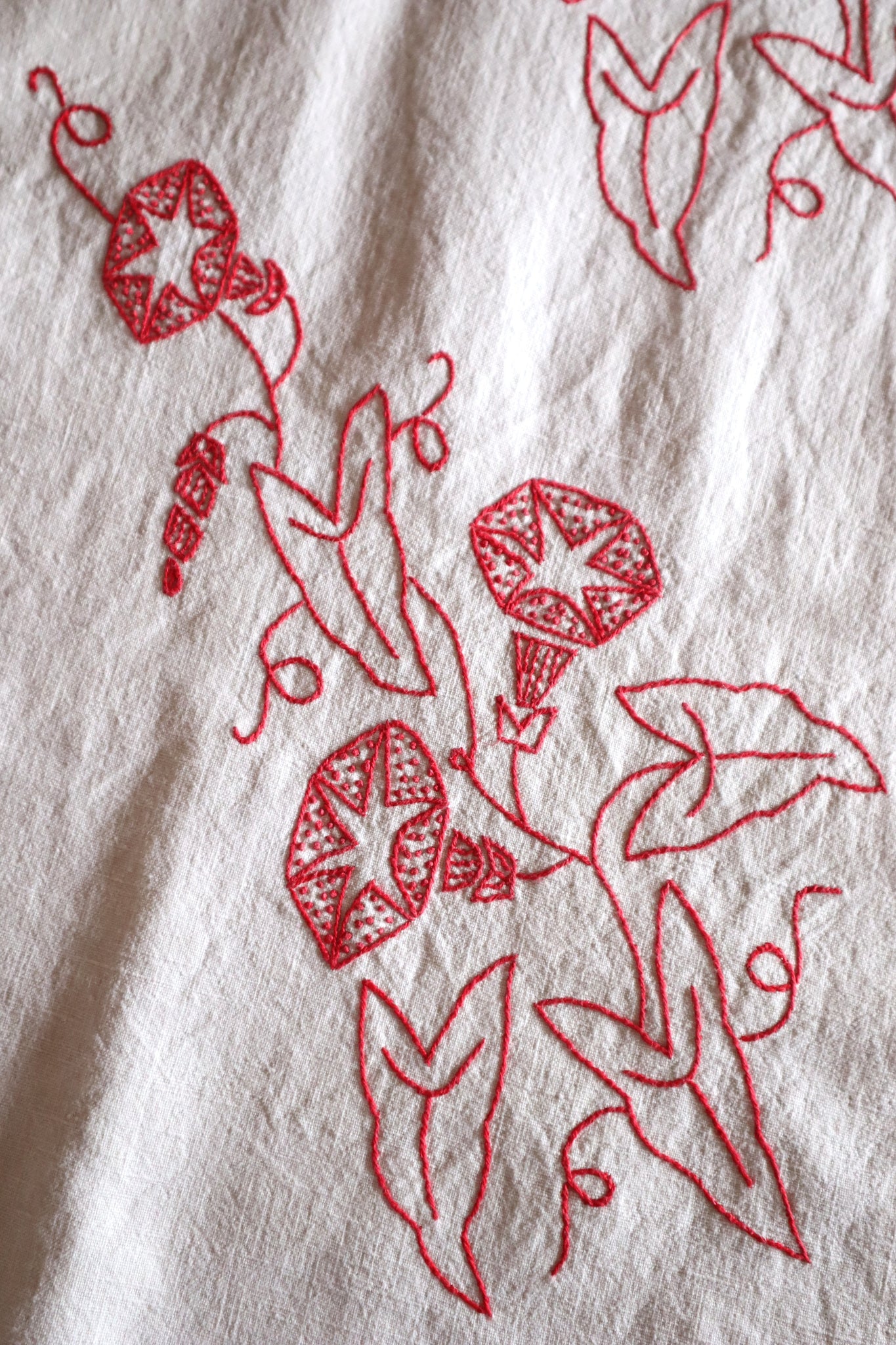 1900s–1910s French Redwork Morning Glory Linen Panel