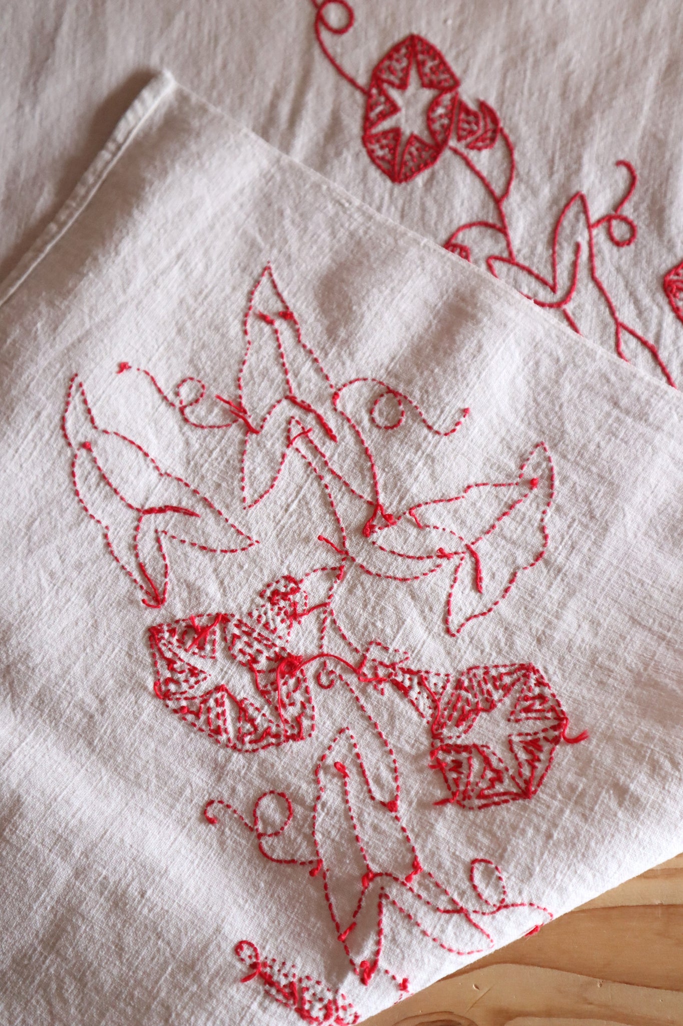 1900s–1910s French Redwork Morning Glory Linen Panel