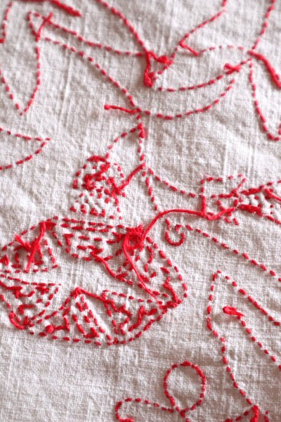 1900s–1910s French Redwork Morning Glory Linen Panel