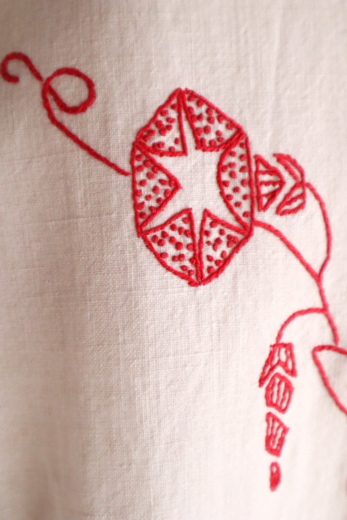1900s–1910s French Redwork Morning Glory Linen Panel