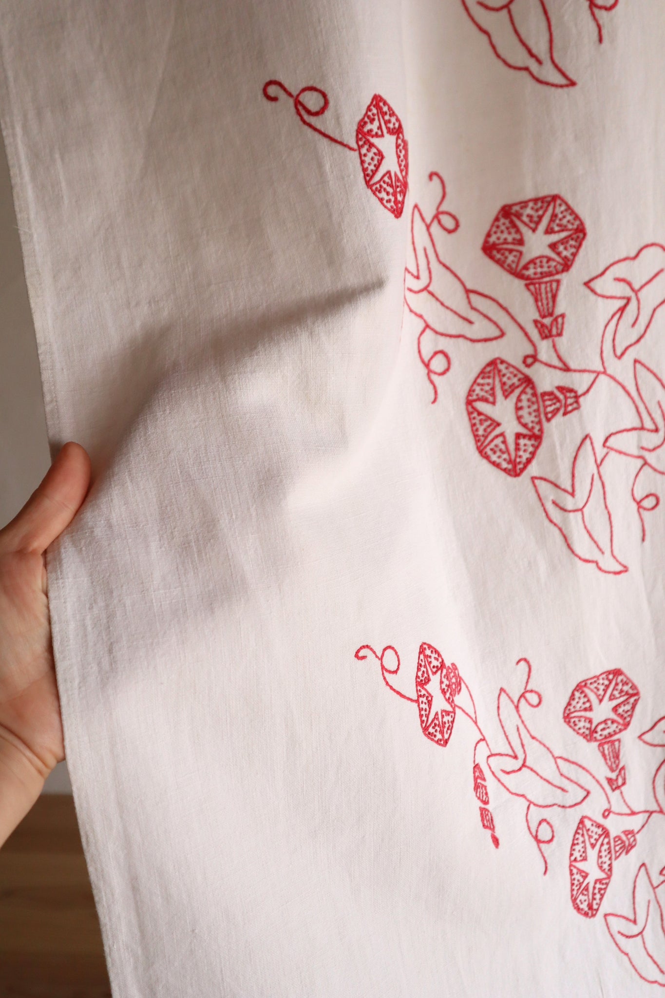 1900s–1910s French Redwork Morning Glory Linen Panel