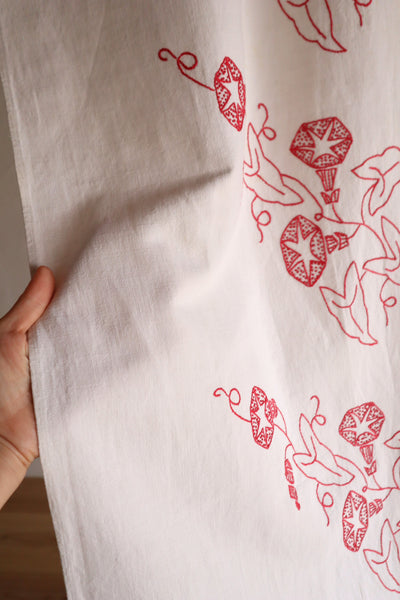 1900s–1910s French Redwork Morning Glory Linen Panel