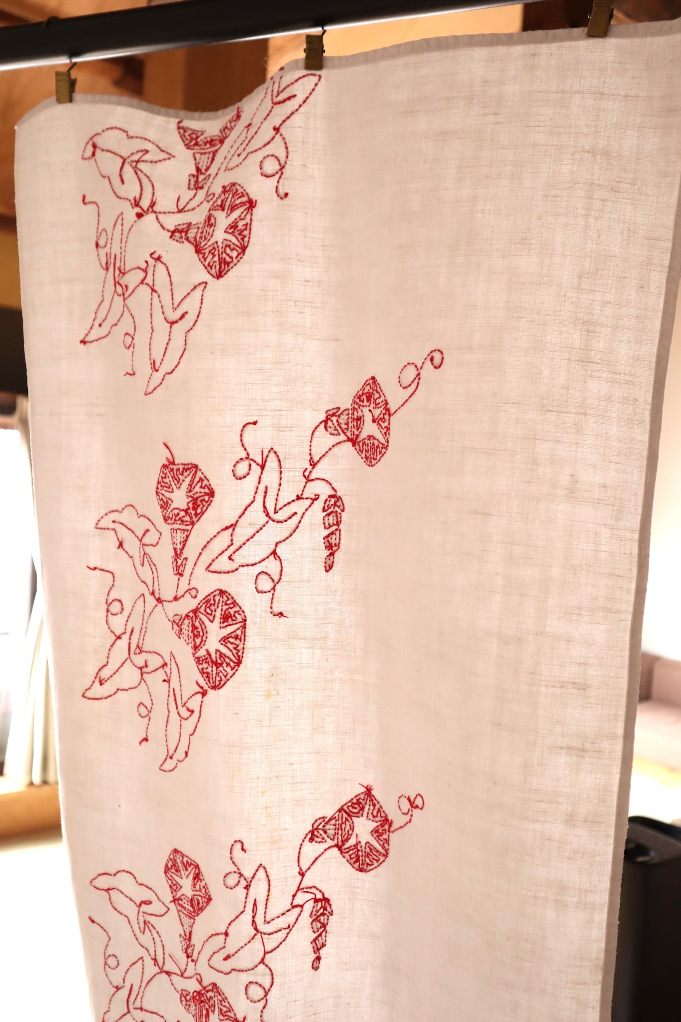 1900s–1910s French Redwork Morning Glory Linen Panel