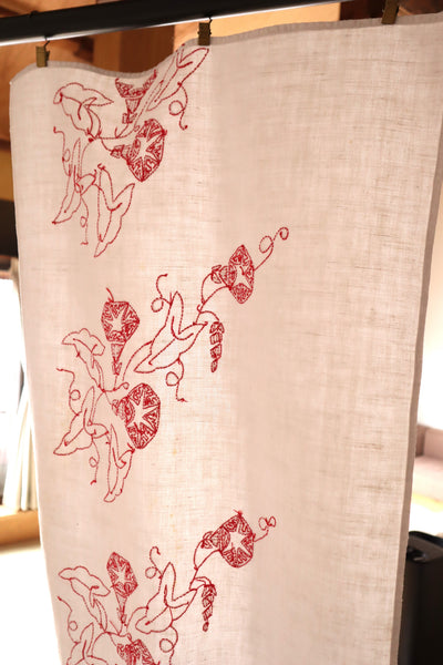 1900s–1910s French Redwork Morning Glory Linen Panel