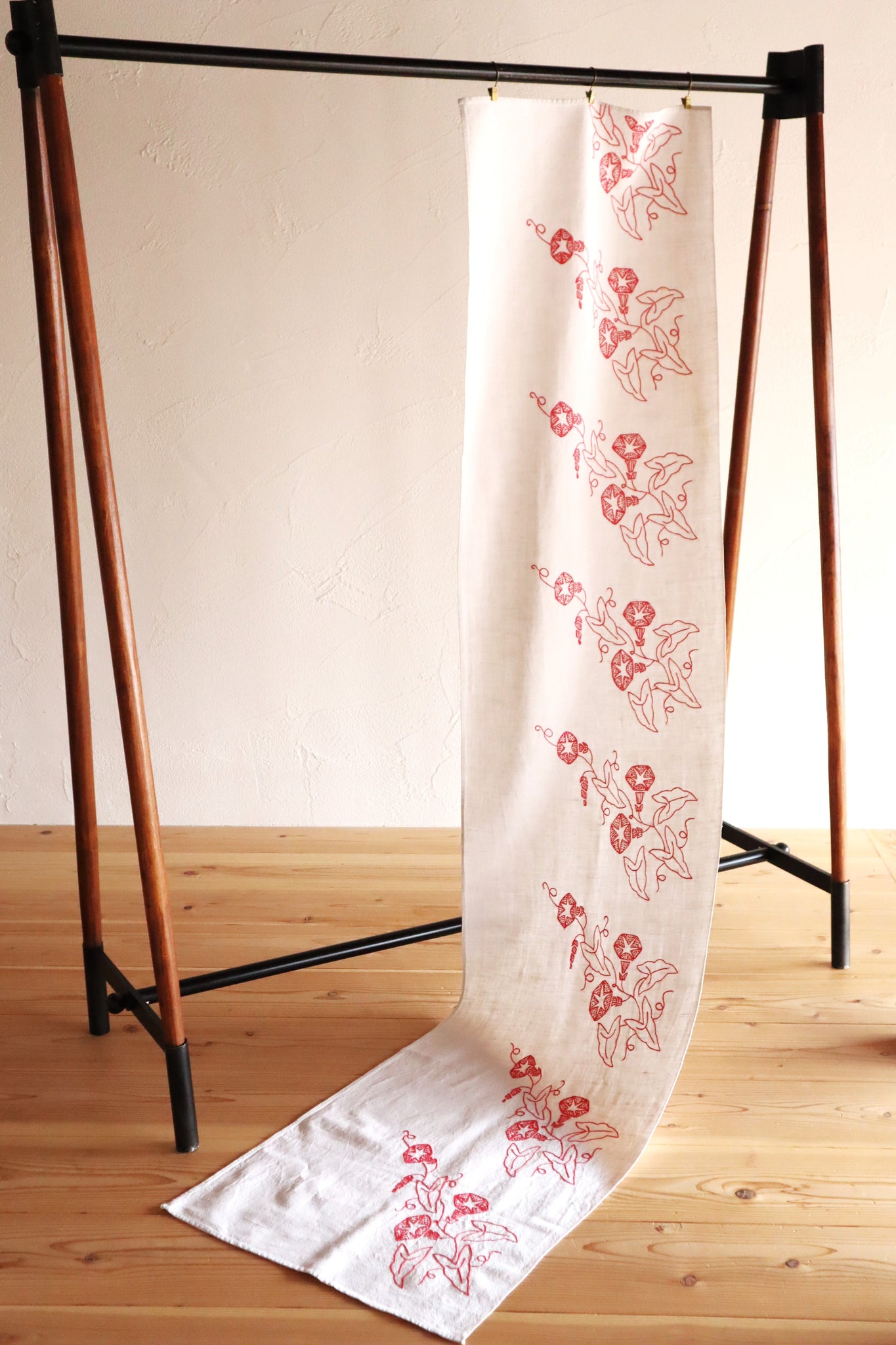 1900s–1910s French Redwork Morning Glory Linen Panel