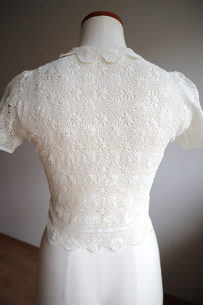 1930s Off White Crochet Blouse Size S