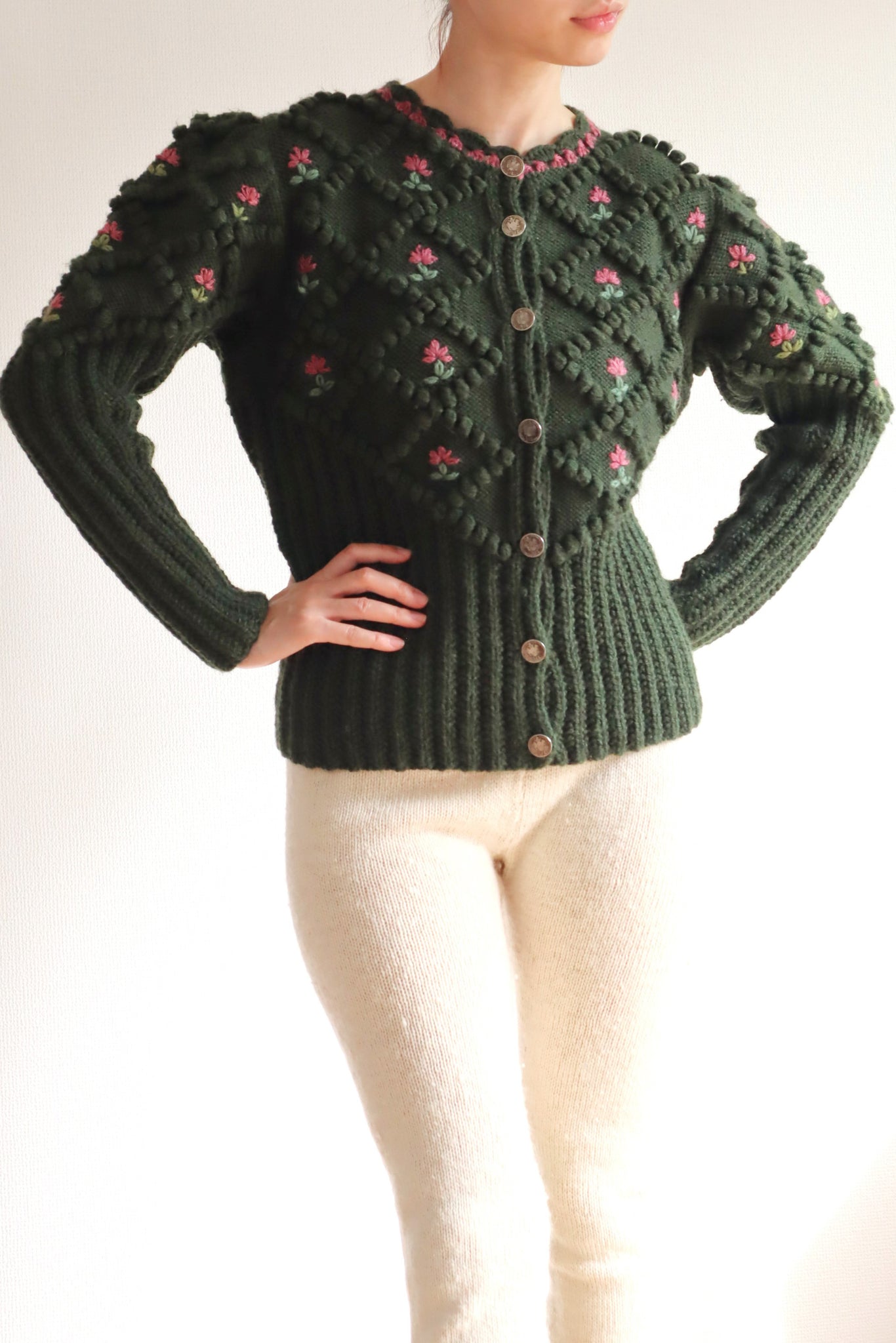 80s Hand Knit Green Austrian Cardigan