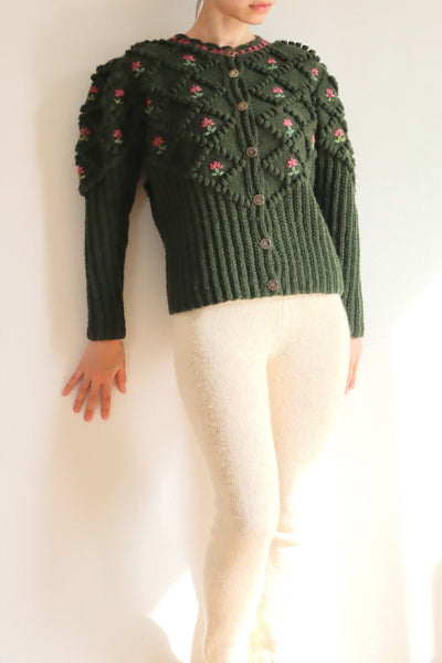 80s Hand Knit Green Austrian Cardigan