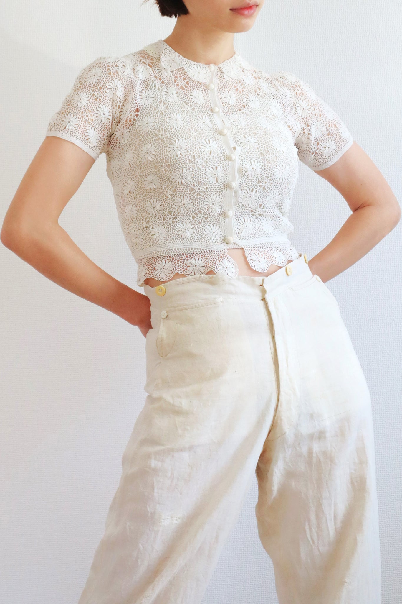 1930s Off White Crochet Blouse Size S