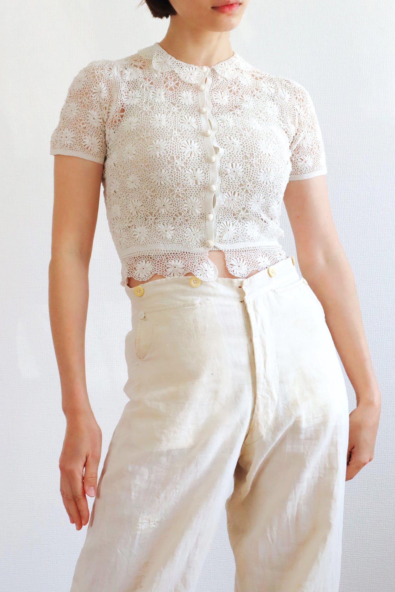 1930s Off White Crochet Blouse Size S