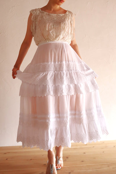 1900s French Edwardian Handworked Cotton Lawn Skirt