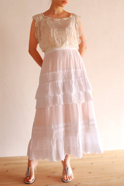 1900s French Edwardian Handworked Cotton Lawn Skirt