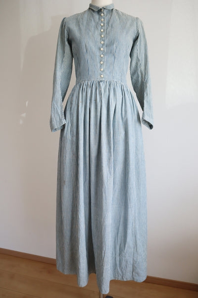 1890s Blue Striped Calico Dress