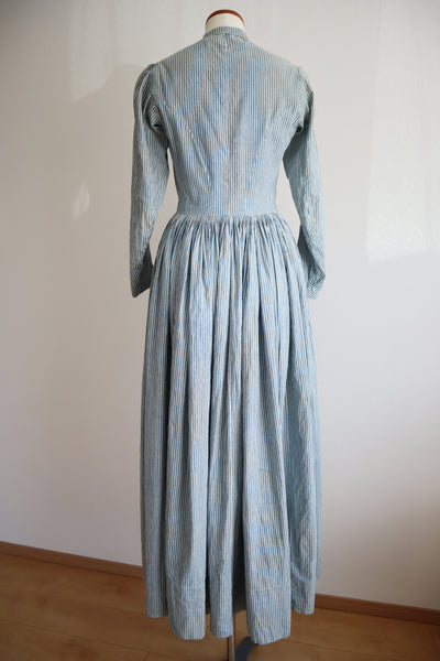 1890s Blue Striped Calico Dress