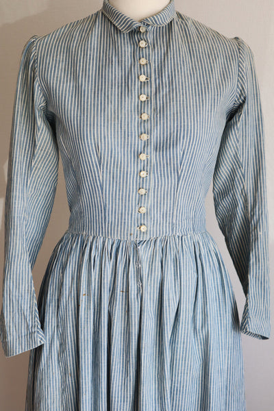 1890s Blue Striped Calico Dress