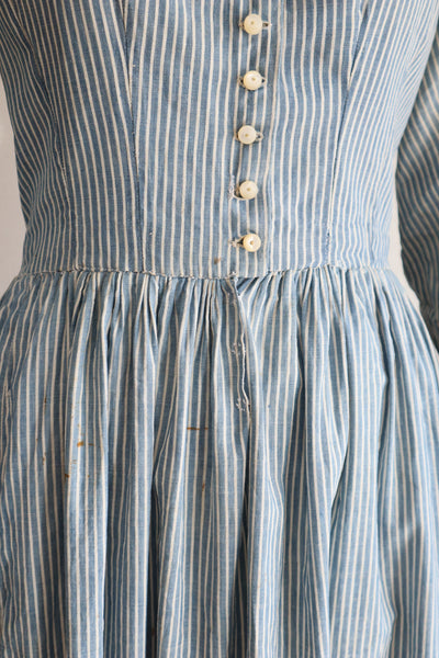 1890s Blue Striped Calico Dress