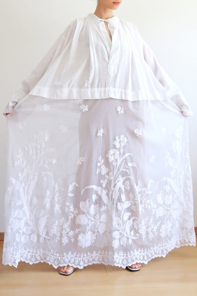 1900s Floral Appliqué Lace Cotton Church Dress