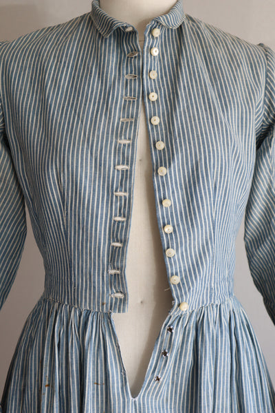 1890s Blue Striped Calico Dress