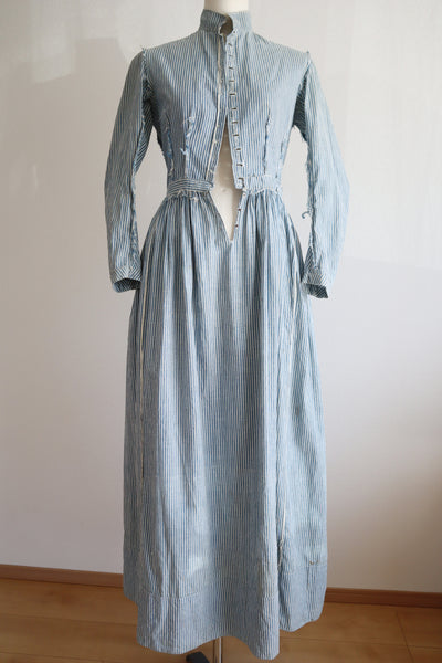 1890s Blue Striped Calico Dress