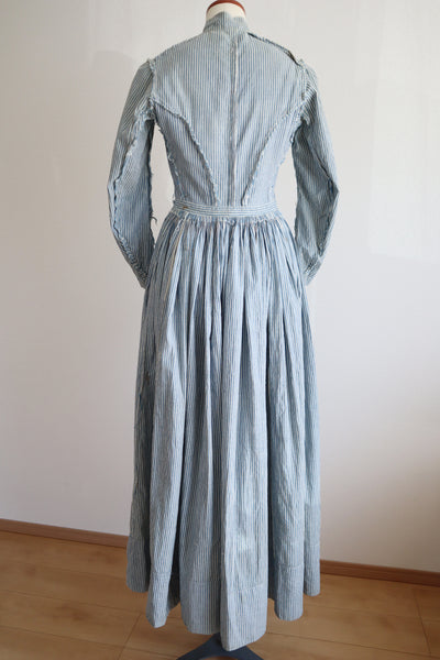 1890s Blue Striped Calico Dress