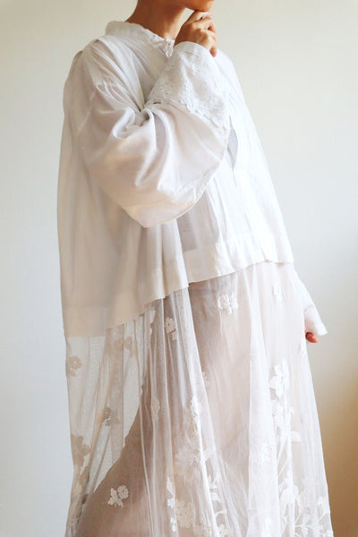 1900s Floral Appliqué Lace Cotton Church Dress