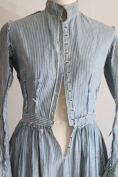 1890s Blue Striped Calico Dress