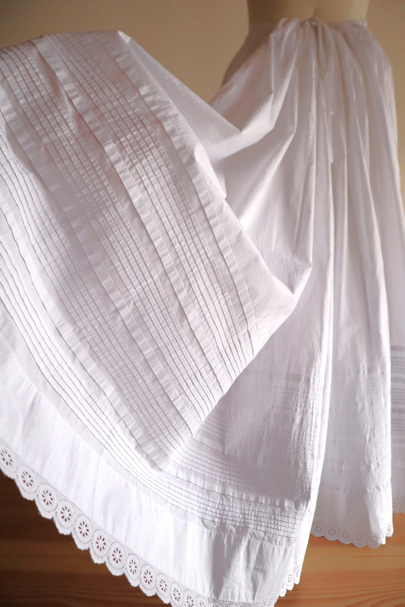 1880s French White Cotton Petticoat Skirt with Hand-Sewn Pintucks