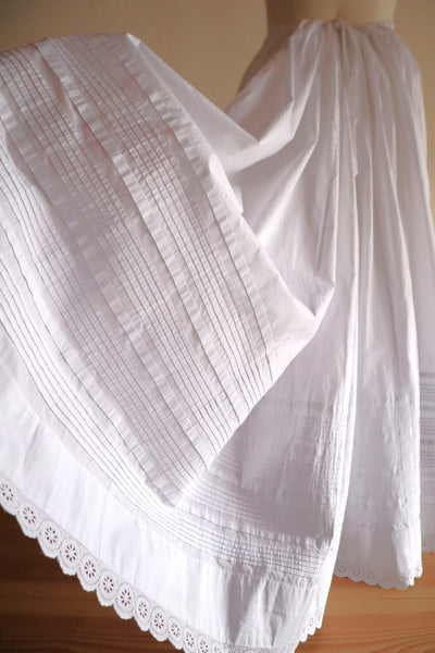 1880s French White Cotton Petticoat Skirt with Hand-Sewn Pintucks