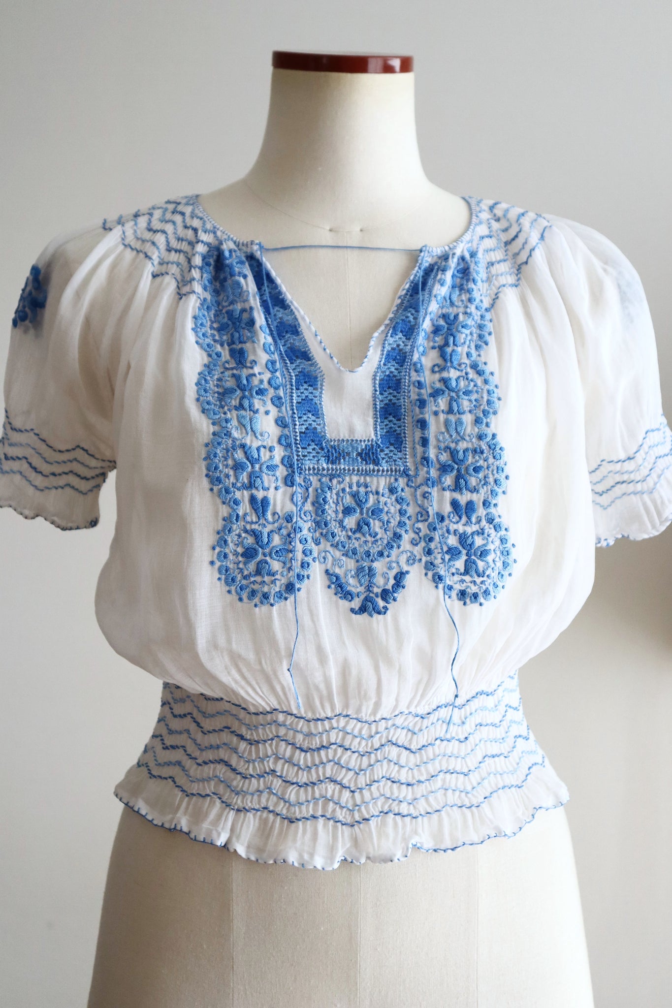 Late 1930s Hungarian Hand Embroidered Smocked Blouse