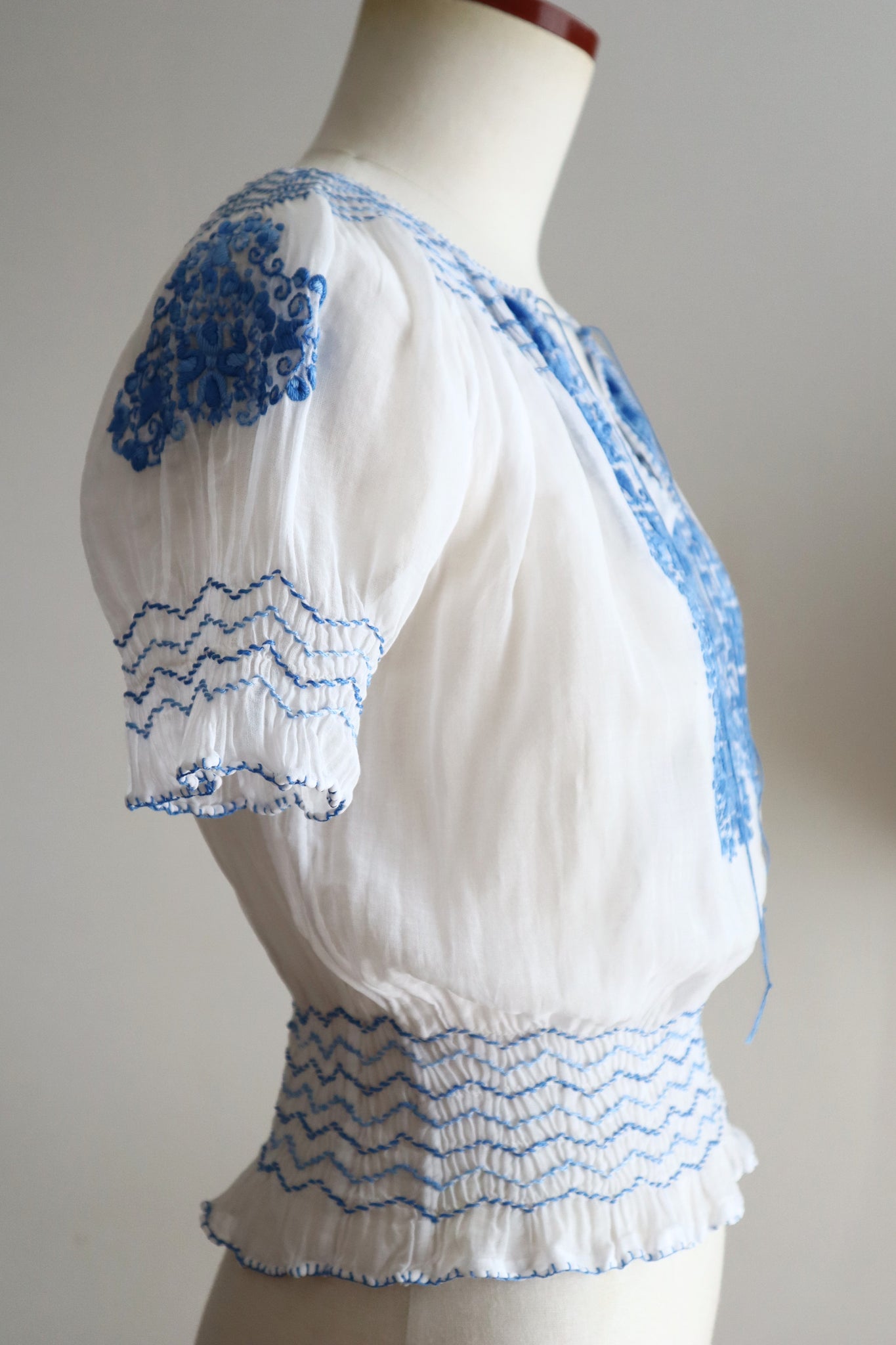 Late 1930s Hungarian Hand Embroidered Smocked Blouse