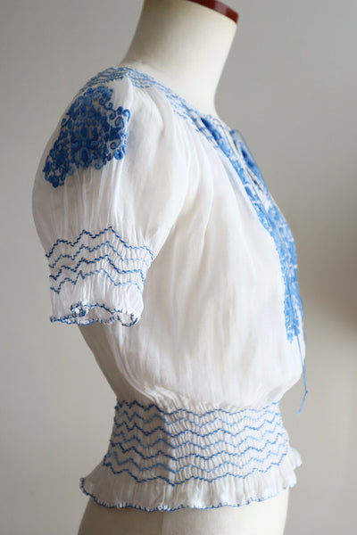 Late 1930s Hungarian Hand Embroidered Smocked Blouse
