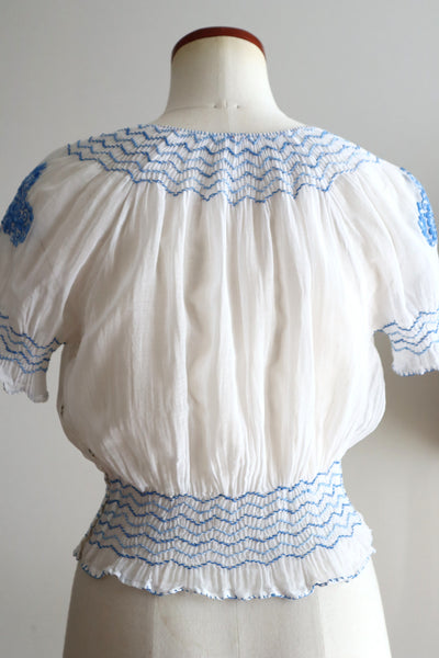 Late 1930s Hungarian Hand Embroidered Smocked Blouse