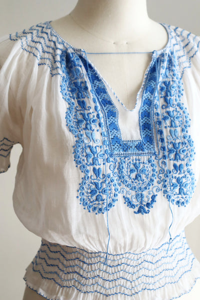 Late 1930s Hungarian Hand Embroidered Smocked Blouse