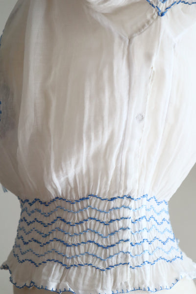Late 1930s Hungarian Hand Embroidered Smocked Blouse