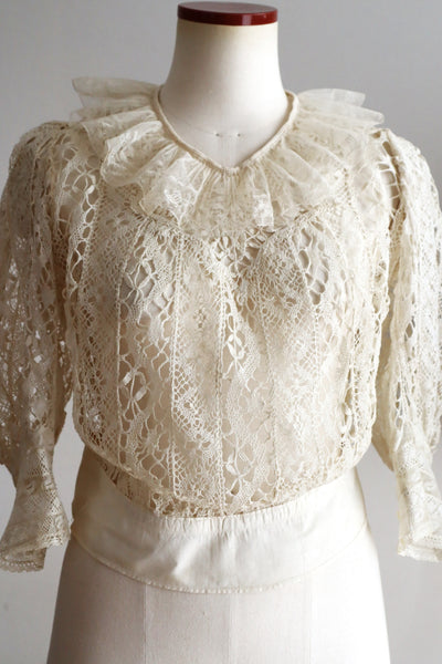 1900s–1910s Belgian Bobbin Lace Linen Blouse