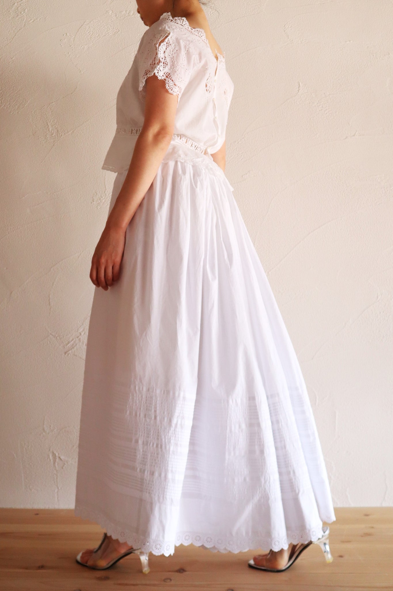 1880s French White Cotton Petticoat Skirt with Hand-Sewn Pintucks