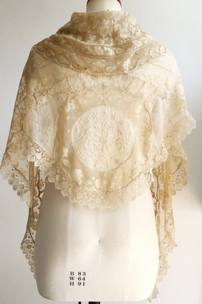 1910s–1920s Normandy Lace Appliqué Shawl with Hand Embroidery