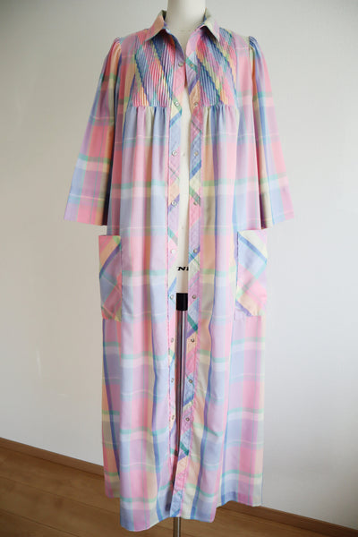 70s Pastel Rainbow Cotton Checked Maxi Dress