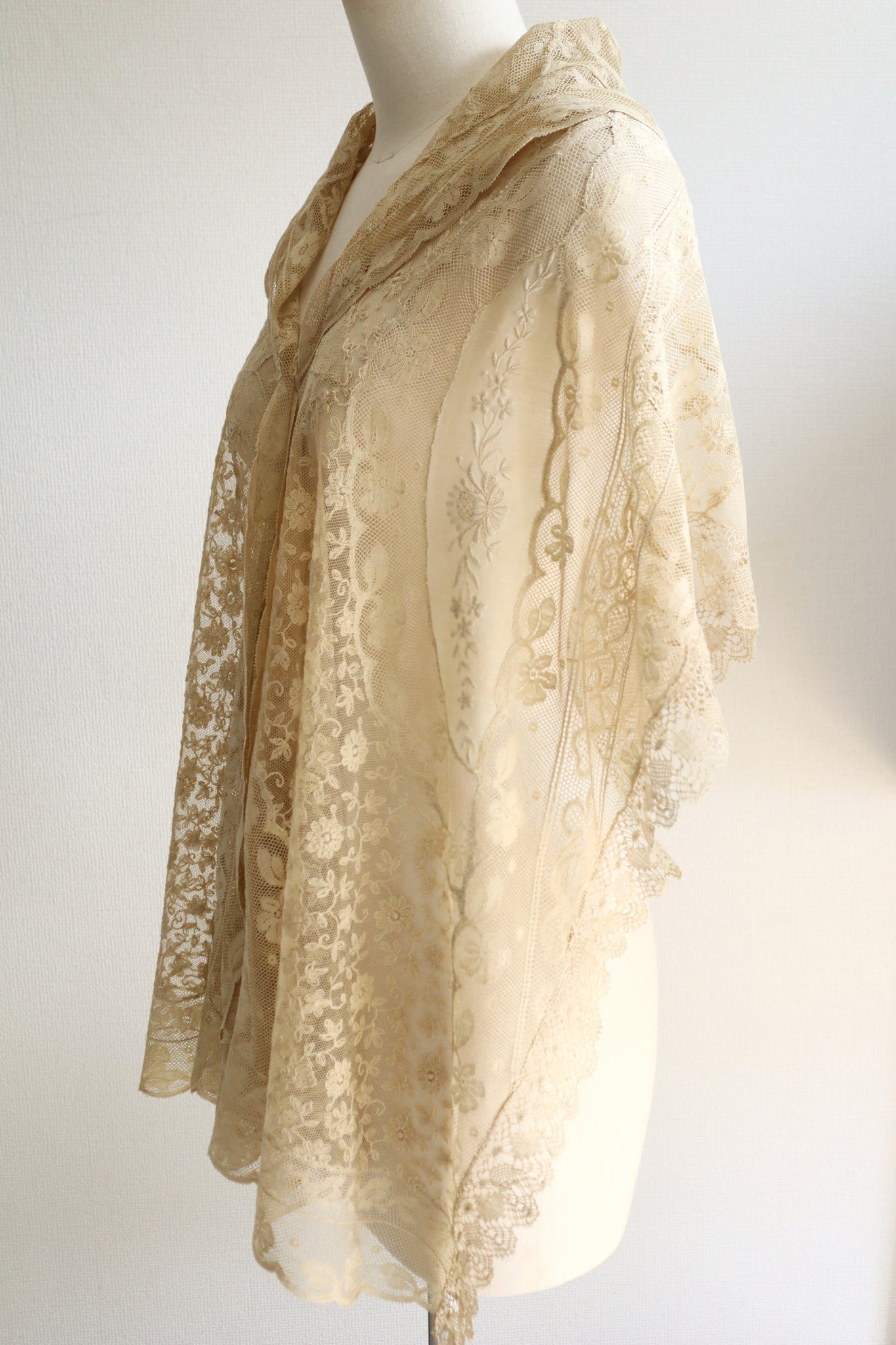 1910s–1920s Normandy Lace Appliqué Shawl with Hand Embroidery