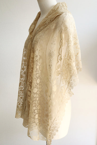 1910s–1920s Normandy Lace Appliqué Shawl with Hand Embroidery