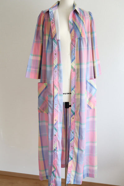 70s Pastel Rainbow Cotton Checked Maxi Dress