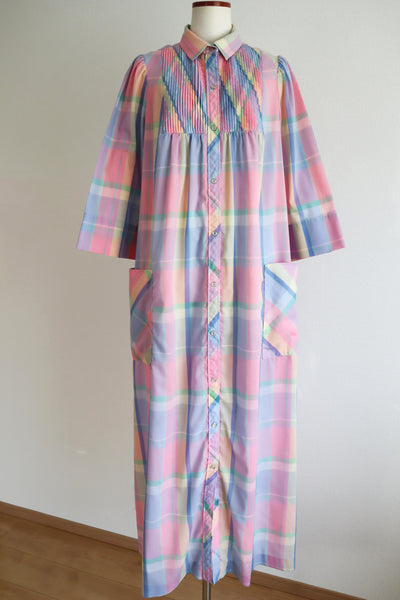 70s Pastel Rainbow Cotton Checked Maxi Dress