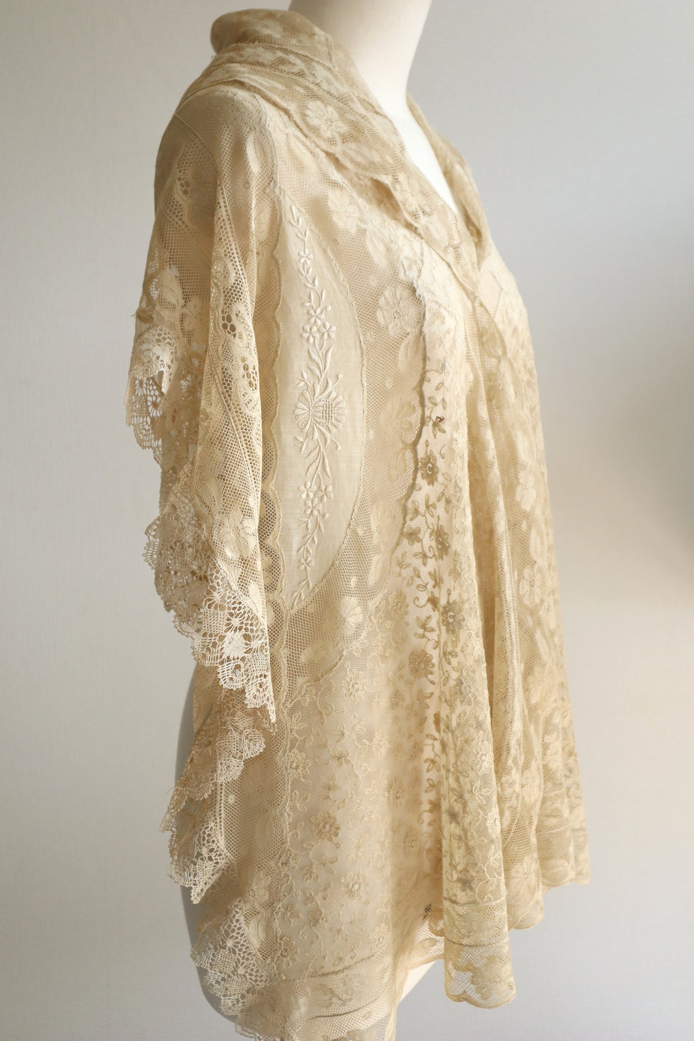 1910s–1920s Normandy Lace Appliqué Shawl with Hand Embroidery