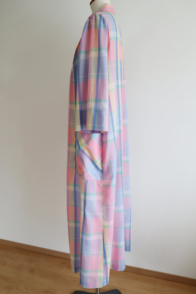 70s Pastel Rainbow Cotton Checked Maxi Dress