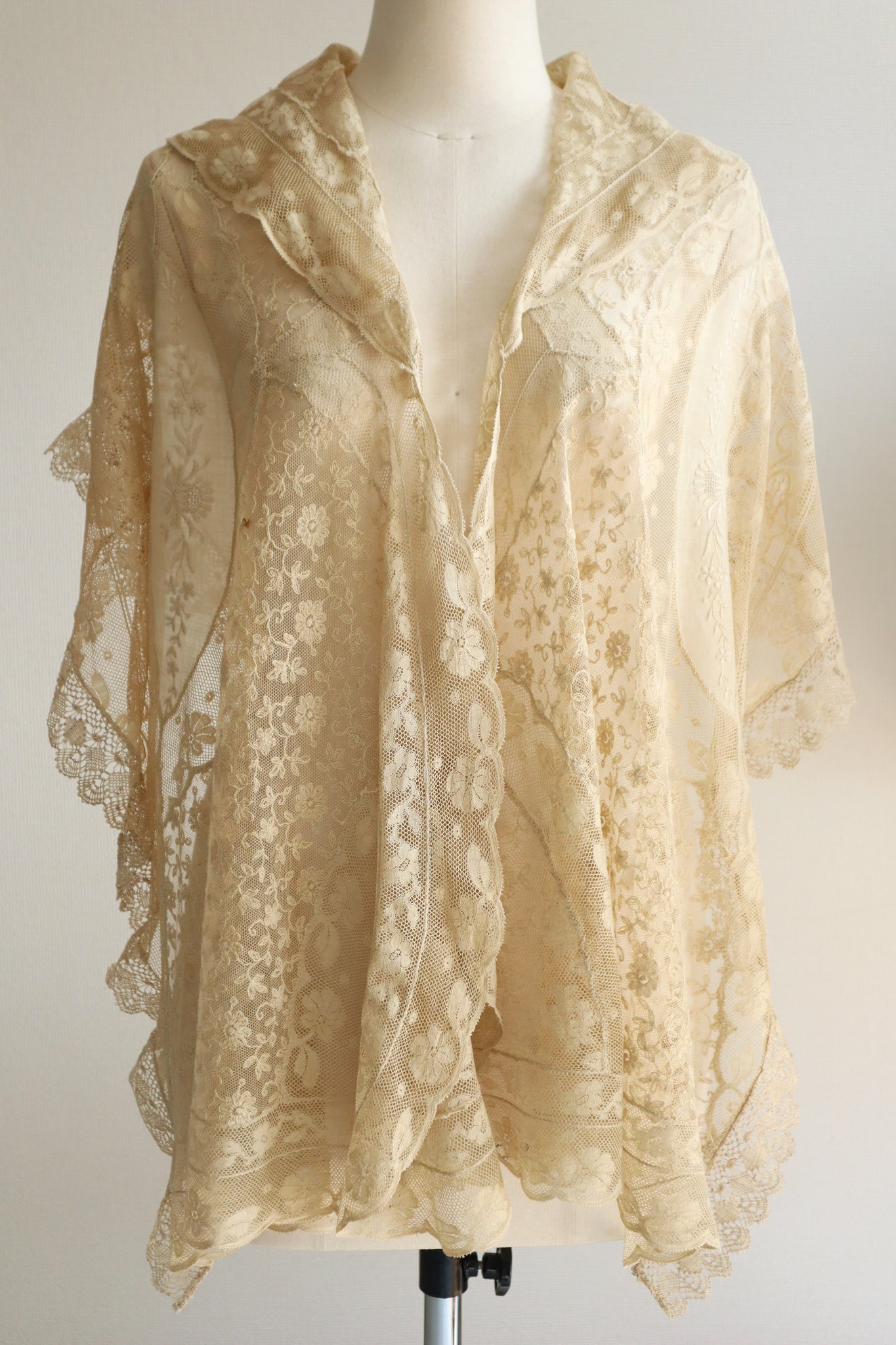 1910s–1920s Normandy Lace Appliqué Shawl with Hand Embroidery