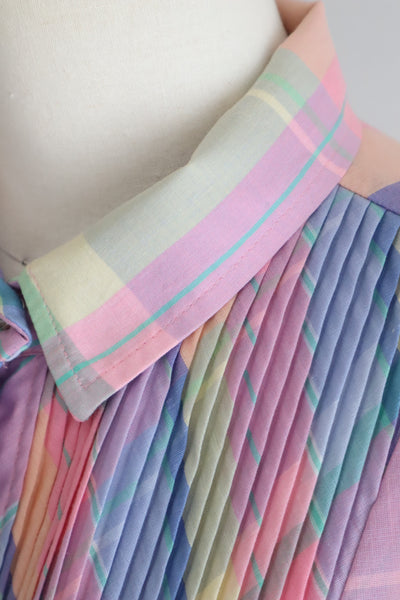 70s Pastel Rainbow Cotton Checked Maxi Dress